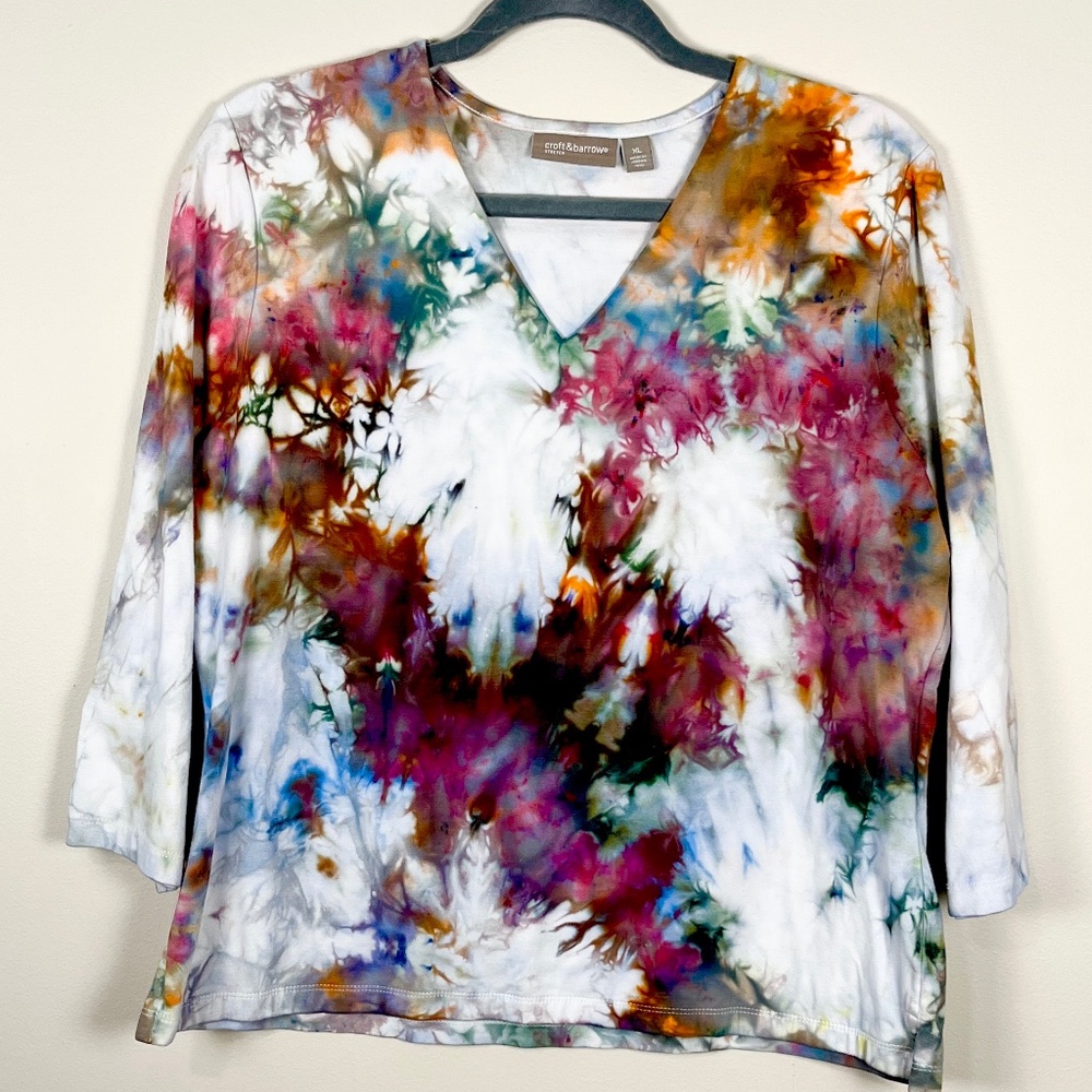 Ice dyed tie dyed upcycled rainbow multicolor cotton Croft & Barrow V neck top